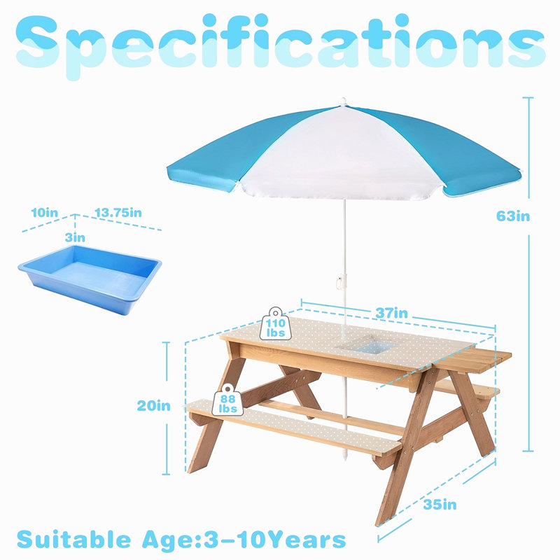 Table de pique-nique en bois pour enfants 3 en 1 avec parasol, sable et mer convertible, certification ASTM et CPSIA, Naturel