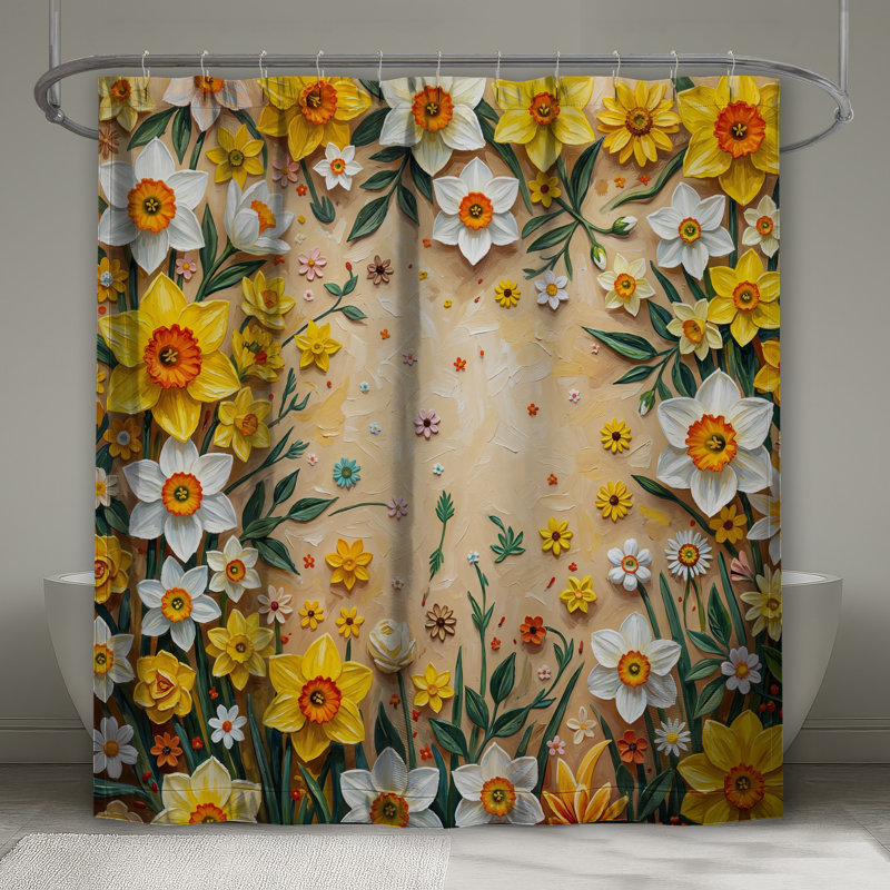 Rideaux de douche jaune et blanc jonquilles très longs, L 70 po x H 72 po