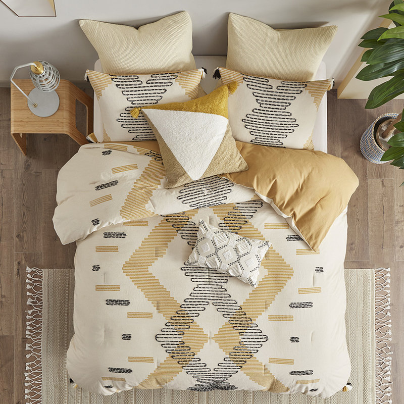 Édredon en coton avec broderie géométrique jaune et gris
