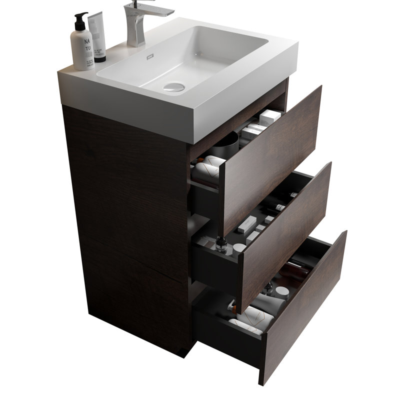 24" Walnut Bathroom Vanity - Modern Freestanding, Substantial Freestanding Space Storage, White Basin Sink, Quiet Drawer Runners, Pre-Assembled Design, Large Storage Space, Sink Basin, Silent Unit