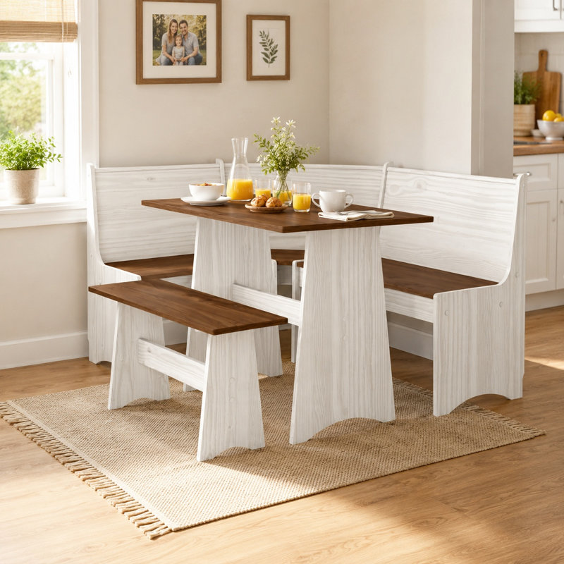 Breakfast Nook Kitchen Corner Dining Table Bench Chair Set with Storage, Space-Saving 3-4 Seat L-Shape for Farmhouse Family Home Wood