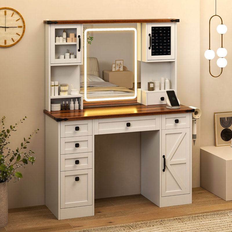  Table de coiffeuse Farmhouse avec miroir de maquillage éclairé et 3 portes