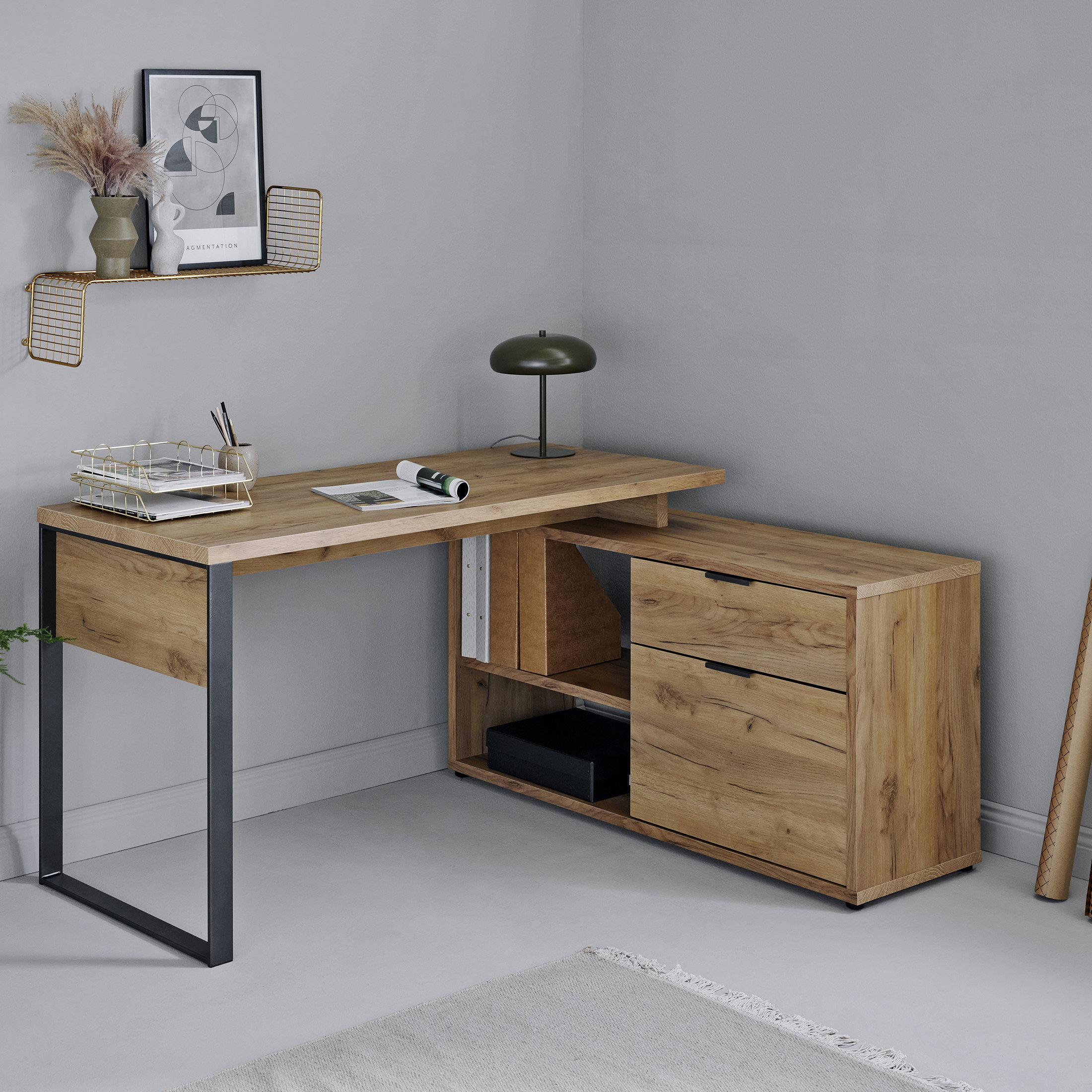 L shaped writing desk with deals drawers