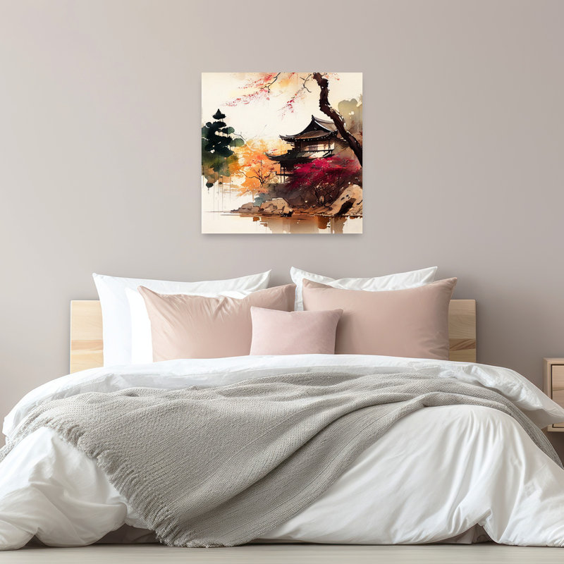 Japanese Autumn Temple Abstract Contemporary Landscape Tree Wall Art Print 1 Piece Wrapped Canvas Wall Art