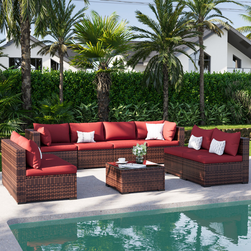 9 Piece Modular Brown PE Rattan Outdoor Conversation Sets, Large Patio Furniture Set with Anti-Rust Steel Frame, Sectional Outdoor Patio Sofa with Coffee Table for Backyard Deck Garden
