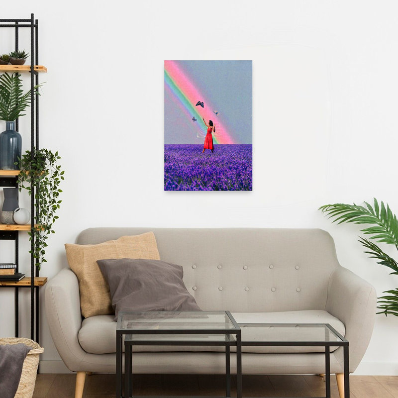 «Woman in Lavender Rainbow», art mural abstrait contemporain avec fleur papillon, H 24 po x l 16 po