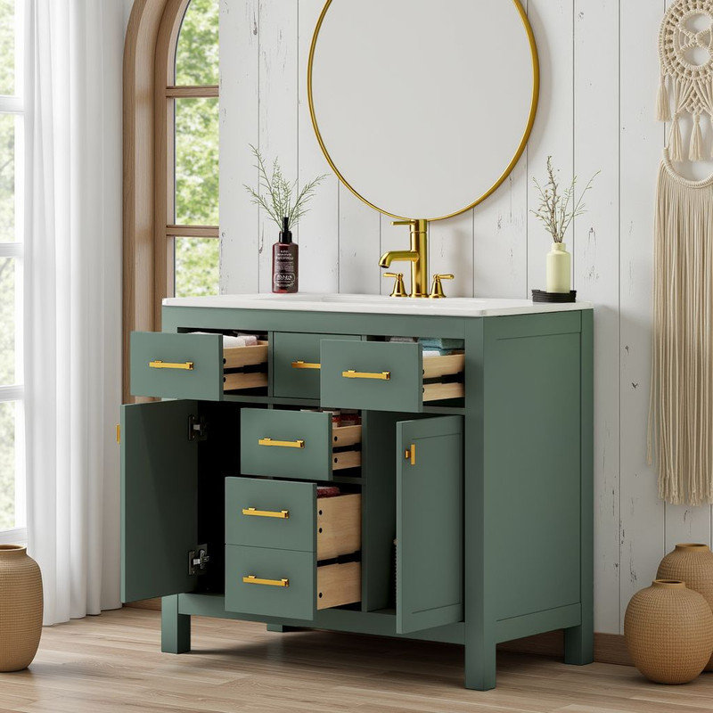 Ensemble de meuble-lavabo simple 36 po avec lavabo en céramique, Vert