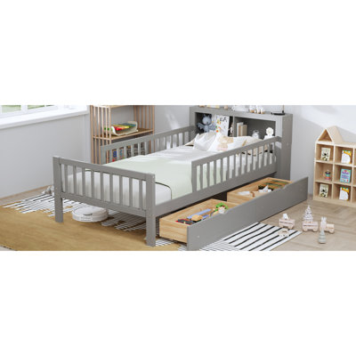 Twin Bed With Functional Storage & Three Guardrails - Stylish Headboard Convenient