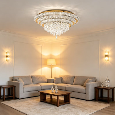 Plafonnier encastré en cristal Crystal Gold de 30 pouces avec télécommande et contrôle des applications, luminosité réglable à intensité variable 3CCT, lustre moderne en forme de goutte d'eau pour le couloir de la salle à manger du salon
