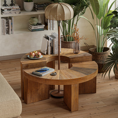 Farmhouse Round Splicing Coffee Table Set, 2-Piece Semi-Circular Design For Living Room, Natural Wood Colour
