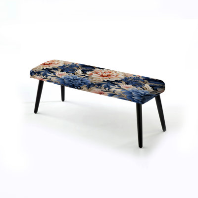 Blue And Beige Artful Damask Flowers - Floral Upholstered Black Bench