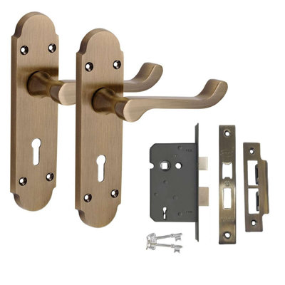 Golden Grace 1 Pair Epsom Design Scroll Lock Door Handle Antique Brass 3 Lever Lock Set for Bedroom and Home Office - 168mm x 40mm