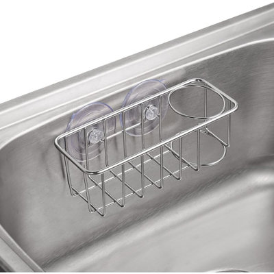 Sink Caddy Sponge Holder For Kitchen Sink 2 Suspension Options(Suction Cups And Adhesive Hook), SUS304 Stainless Steel, Silver