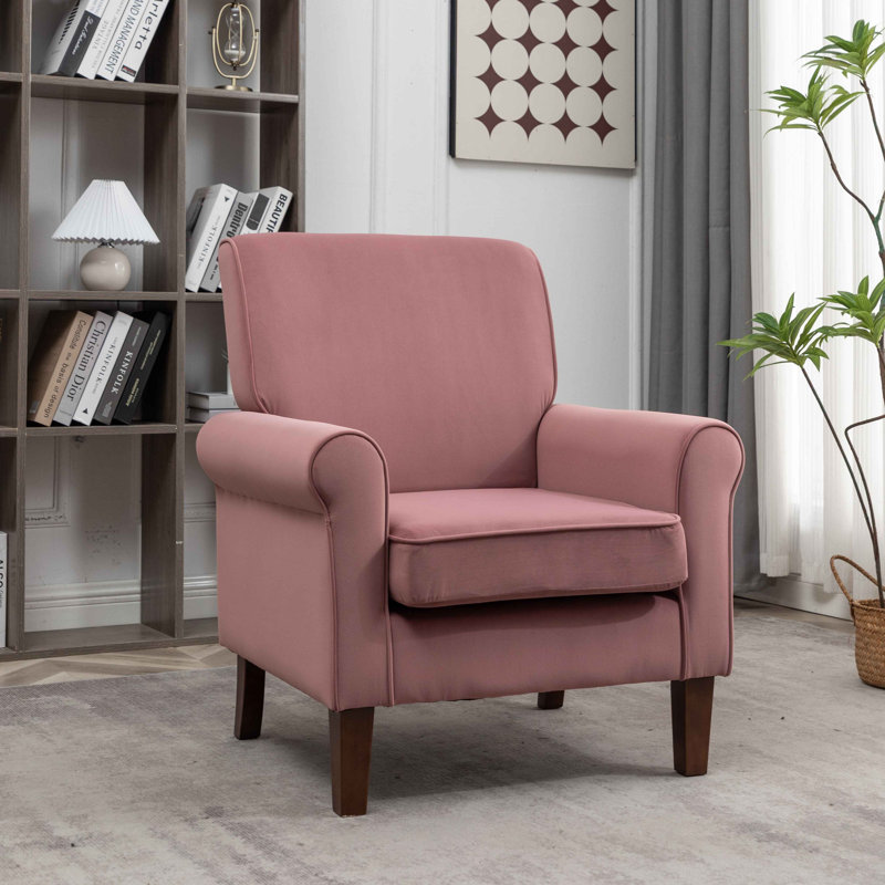 Fauteuil à accoudoirs roulés traditionnel, structure en bois de bouleau massif avec pieds fuselés bruns, chaise rembourrée en mélange de polyester avec siège rembourré de mousse pour le bureau du salon