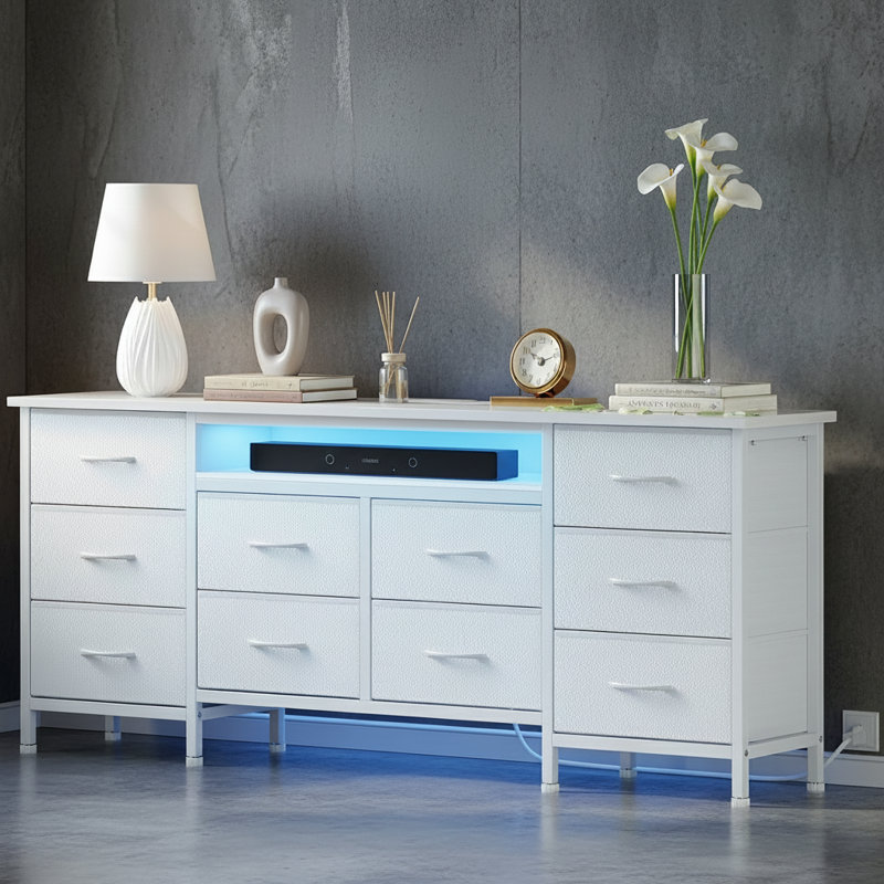 10 Fabric Drawers Long Dresser, Up To 75 Inch Tvs, White