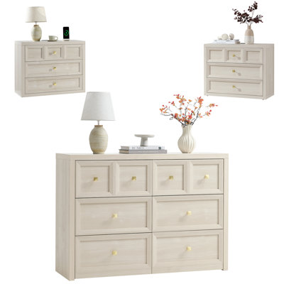 Ensemble de chambre à coucher 3 pièces, blanc - commode 6 tiroirs et table de chevet 3 tiroirs