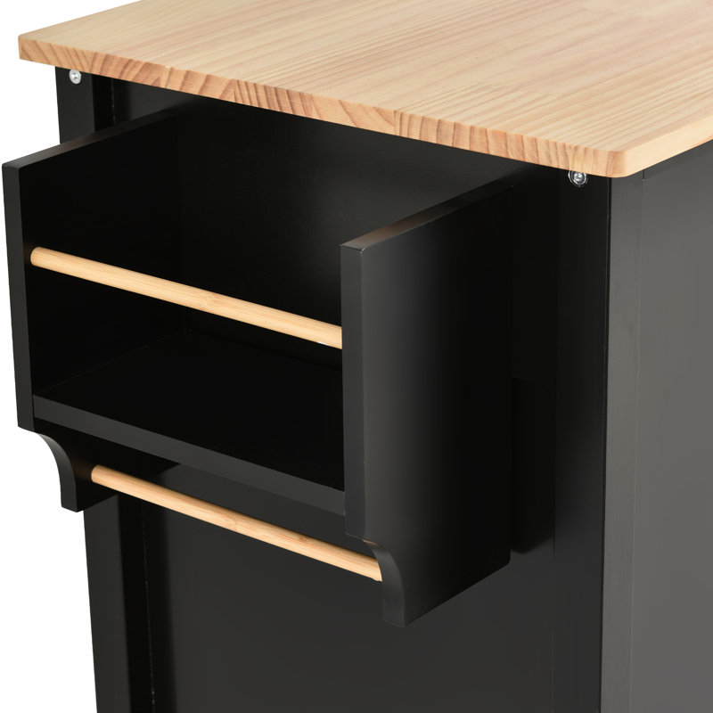 Chariot pour îlot de cuisine en bois massif de couleur noire, armoire à 4 portes, 2 tiroirs, porte-serviettes et support mobile mobile verrouillable réglable avec surface, mobile
