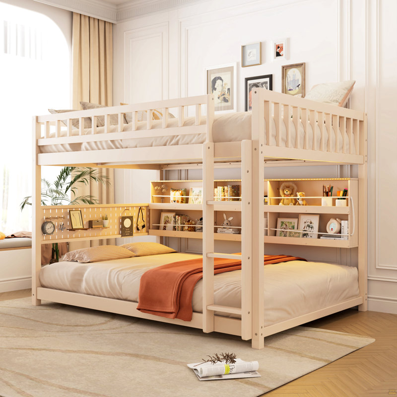 Lit superposé double XL avec étagères intégrées, éclairage aux couleurs changeantes et panneau perforé, beige, Beige