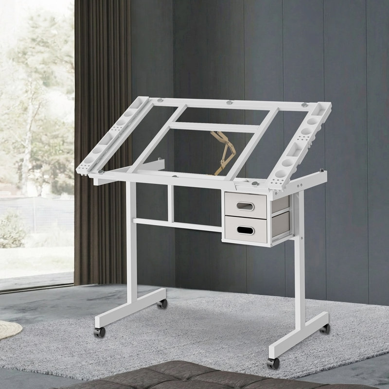 Bureau de dessin réglable avec 2 tiroirs en tissu et 4 roulettes (blanc), Blanc