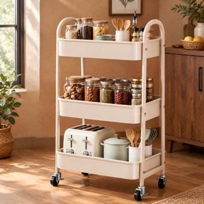 Organisateur de chevet à roulettes brun clair / beige - 3 niveaux de rangement en métal pour les couches de chambre de bébé, les articles essentiels pour l'allaitement et le post-partum, les arts, l'artisanat et les fournitures de salle de bain