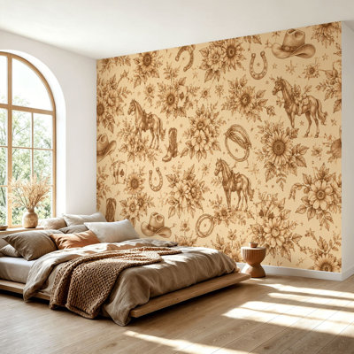 Wall Mural Peel and Stick Wallpaper Vintage Western Floral Horses Cowboy Hats Boots Sepia Style Self-Adhesive Removable Contact Paper Wall Decor for Living Room Bedroom 69"H x 96"W
