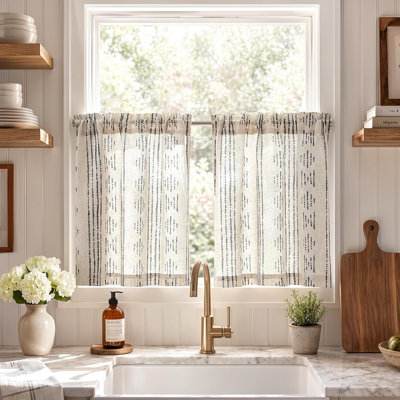 Rideaux à rayures en lin noir pour fenêtres de cuisine, 2 panneaux ; motif rayé bohème sur fond beige ; œillets pour tringle, filtrent la lumière ; cuisine, salle de bain et camping-car.