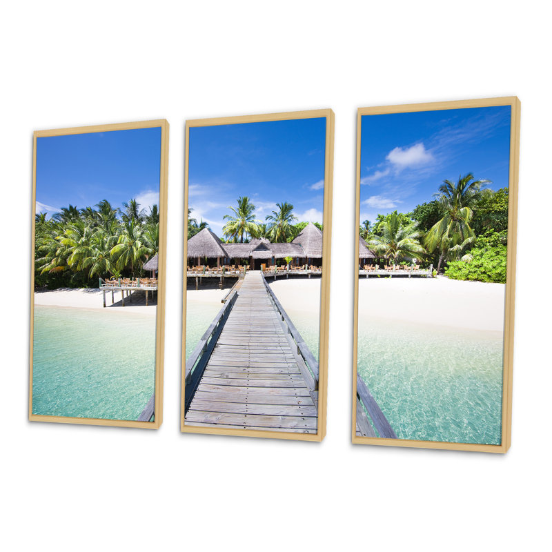 Plage avec cocotiers - ensemble d'art mural sur toile encadré paysage, H 20 po x l 36 po, Érable