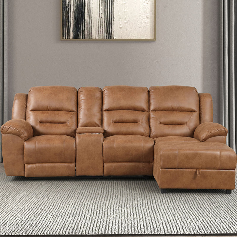 Canapé modulaire contemporain avec dossier réglable et méridienne brun selle pour une élégante console 2 pièces, porte-gobelets, rangement, salon à dossier