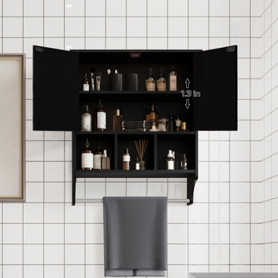 Armoire de salle de bain noire avec beaucoup d'espace - Matériau, 26,7 po de profondeur, 24,07 po de largeur, 7,99 po de hauteur en noir, offrant un espace de rangement adéquat et une zone de suspension des serviettes