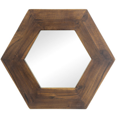 18.5"x18.5" Hexagon Mirror With Robust Solid Wood Frame, Home Decorative Element, Dark Brown Firm Construction, Bathroom Hallway Living Room Decor, 18.5"x18.5