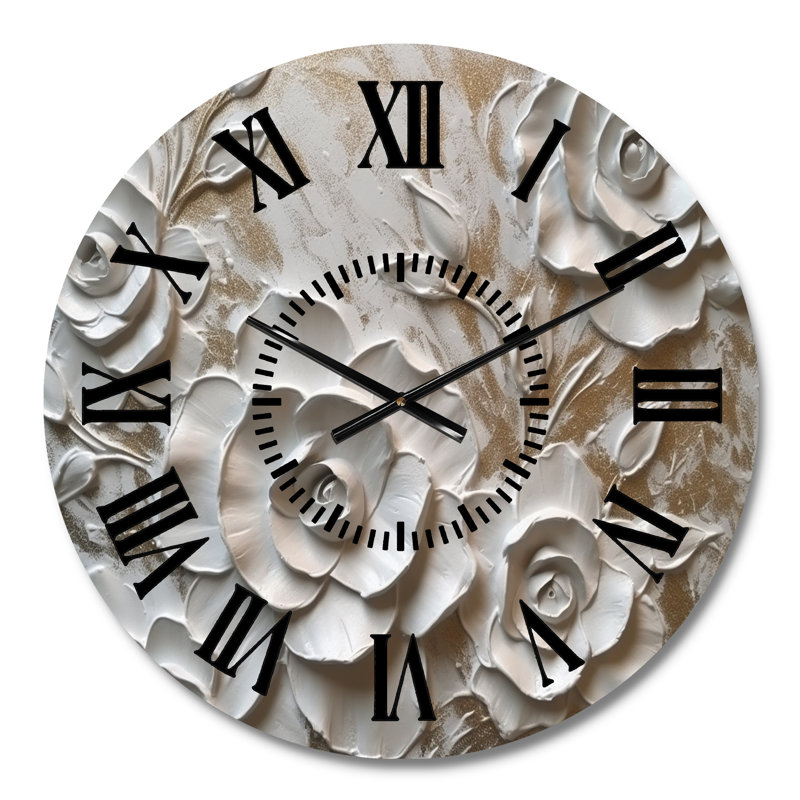 White Roses In Bloom - Floral Rose Black Face Wall Clock, Medium