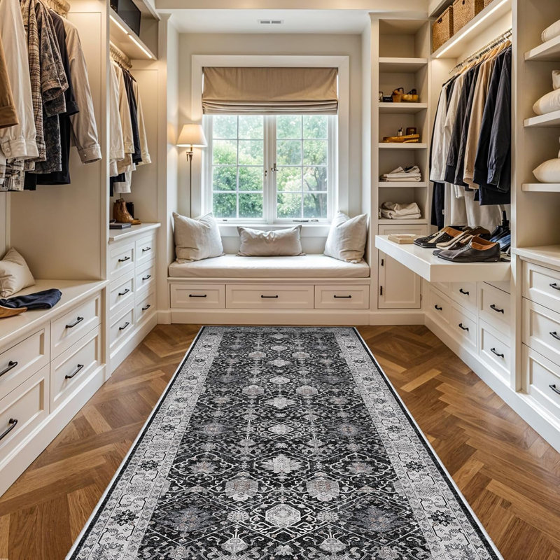 Washable Large Area Rug: Indoor Oriental Living Room Carpet with Non Slip Backing Ultra Soft Low Pile Rugs for Bedroom Dining Room Distressed Stain Resistant Thin Floor Mat (Black)