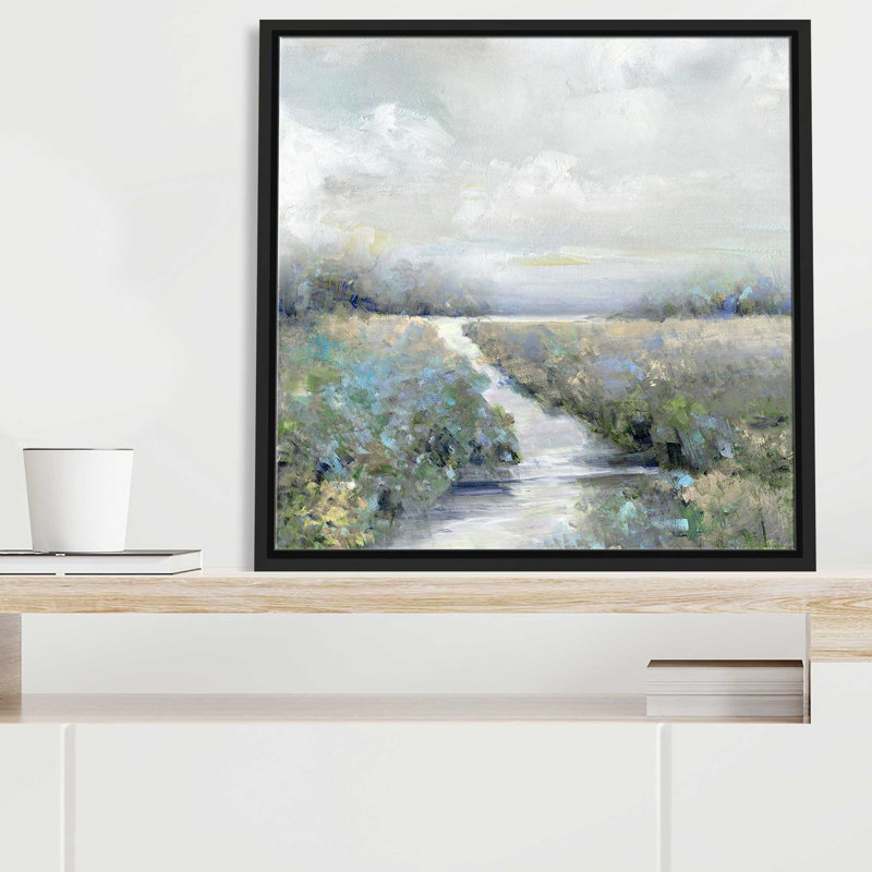 Péninsule par Sally Swatland - Peinture, L 21,5 po x H 21,5 po, Cadre noir