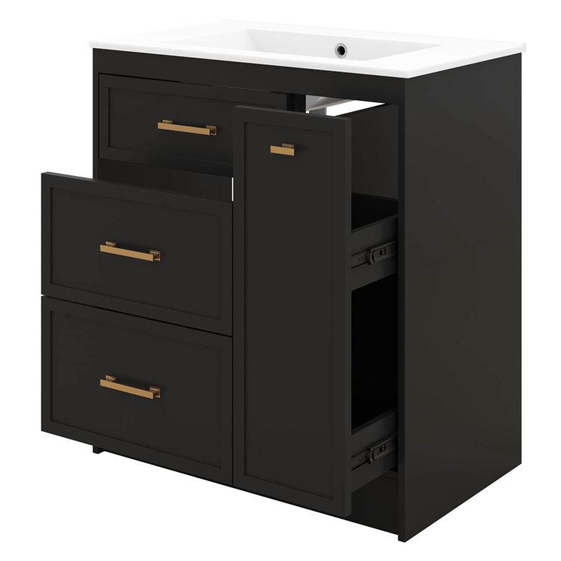 Ensemble de meuble-lavabo sur pied de 30 po avec trois tiroirs, dont un tiroir double couche, Noir
