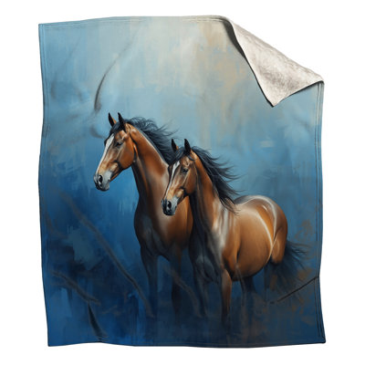 Bay Horses Blue Background Blankets