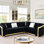 Canapé modulaire noir en forme de L de 106 pouces, garniture dorée, revêtement en velours, bouton, 5 sièges, coussins en éponge haute densité, accoudoirs roulés, design contemporain en noir, accents en acier inoxydable, coussins,