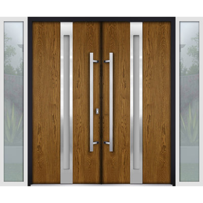 Front Exterior Prehung Metal Double Doors / Deux 1744 Natural Oak Frosted Glass / 2 Sidelites Exterior White Windows / Entry Modern Painted Right Inswing Active Door 100" x 80"