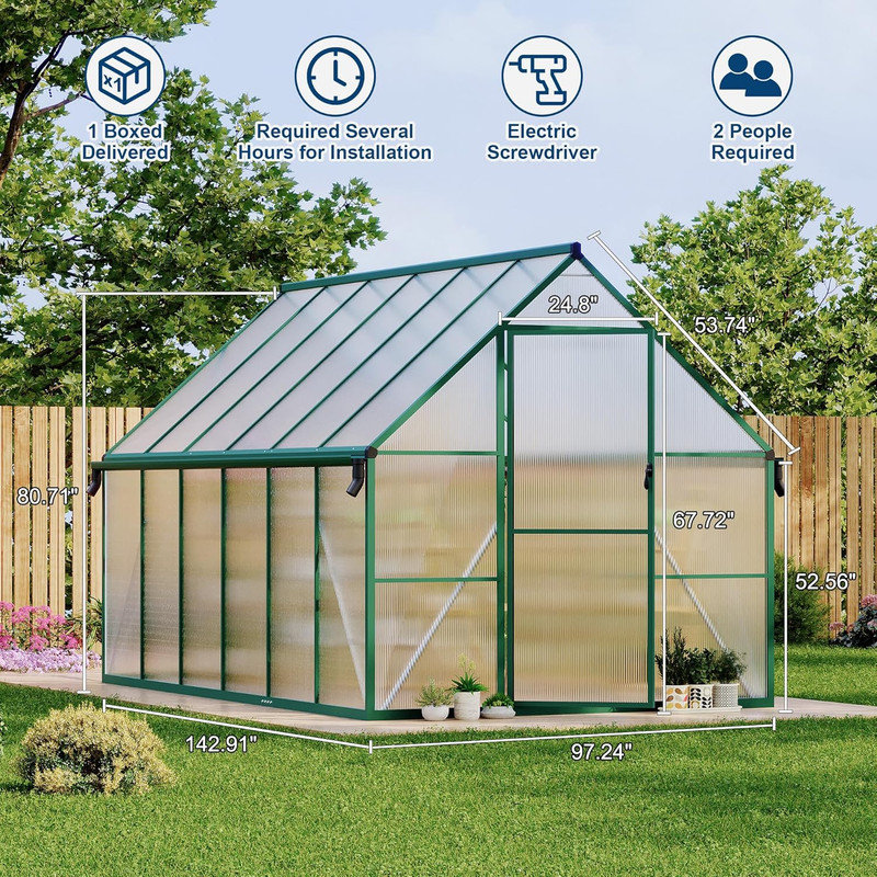 Serre en polycarbonate avec cadre en aluminium 8 po x 12 po avec évent de toit et gouttière, Vert