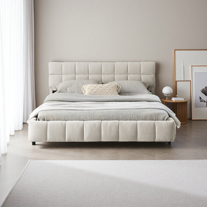 Grand lit tapissier, cadre de lit rembourré confortable, tissu chenille, avec tête de lit et cadre de lit solide. Avec tiroir pour le rangement