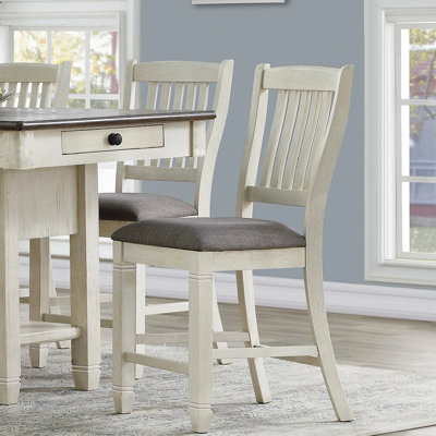 Wood Counter Height Chairs Set Of 2Pc Textured Fabric Upholstered Dining Furniture