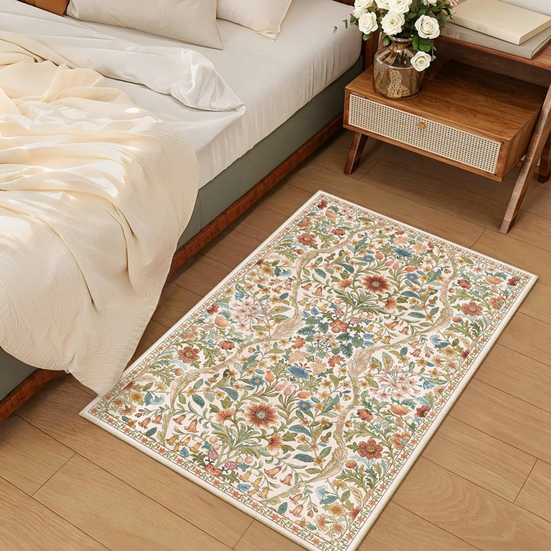 Washable Area Rug - Vintage Boho Botanical Low-Pile Rug, Rectangle 2' x 3', Beige/Ginger