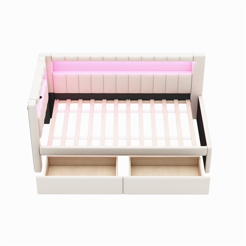 Lit plateforme tapissier simple avec ports USB, éclairage à DEL et 2 tiroirs de rangement - Structure de lit simple peu encombrante, blanc
