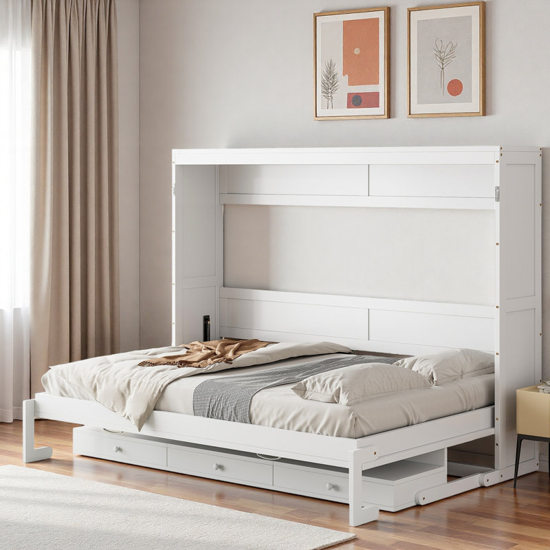 Murphy Bed With Vanity Desk, Center Mirror And 2 Side Drawers, White