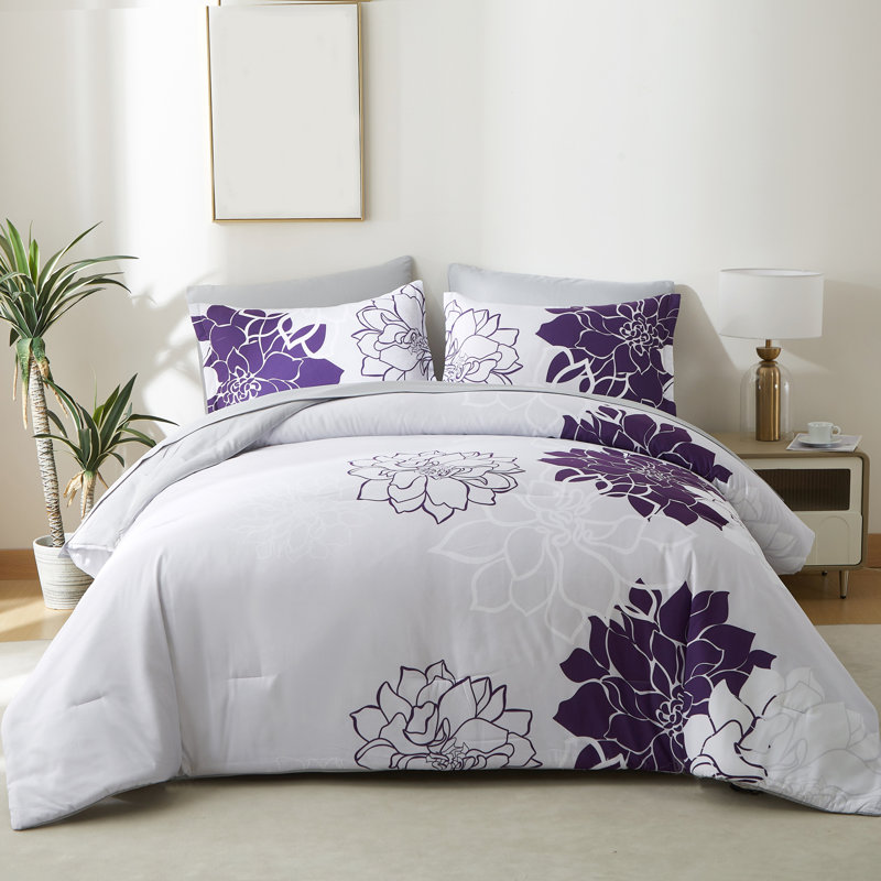Full Size Comforter Set,Purple Floral Bedding Sets 7 Pieces Bed in a Bag with Sheets, Pillowcases & Shams, Purple