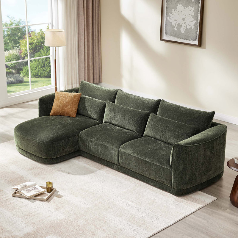 Canapé modulaire incurvé en chenille de 119 po avec méridienne, Orienté à gauche (vu de face), Polyester vert forêt