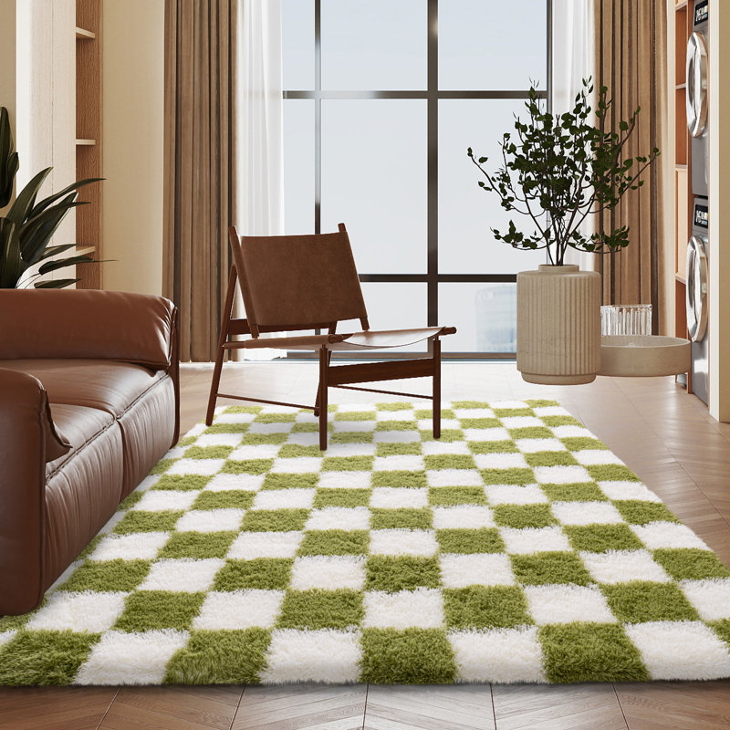 Tapis d'intérieur blanc et vert à carreaux polyvalent Idéal pour les vestibules, les chambres d'enfants, les chambres et les salons