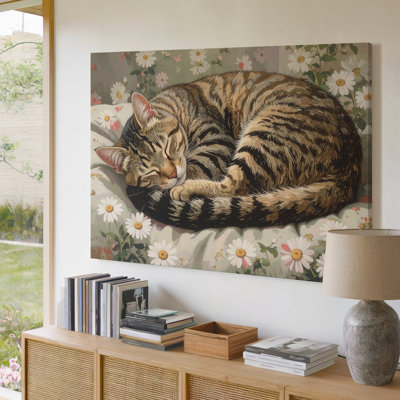 Canvas Cozy Tabby Cat Sleeping Serene Feline Nap On Floral Blanket In The Wall Wall Art Ready To Hang Gallery Wrapped Home Decor Decor