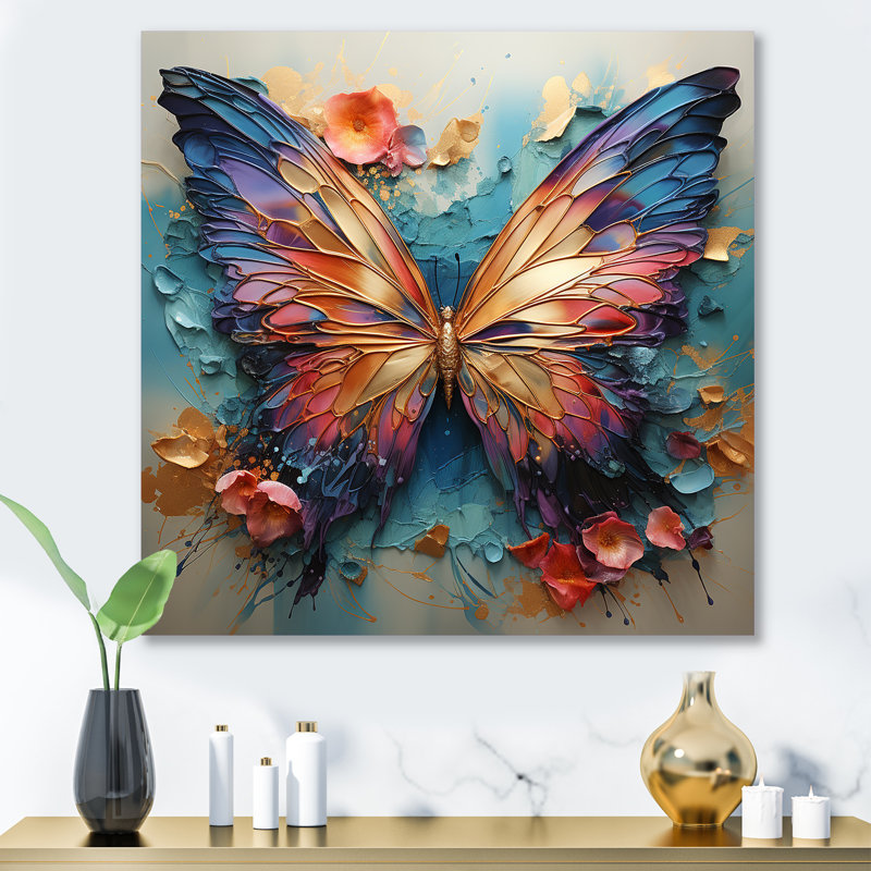 Art mural papillon orange et bleu métallique, H 16 po x l 16 po x P 1 po