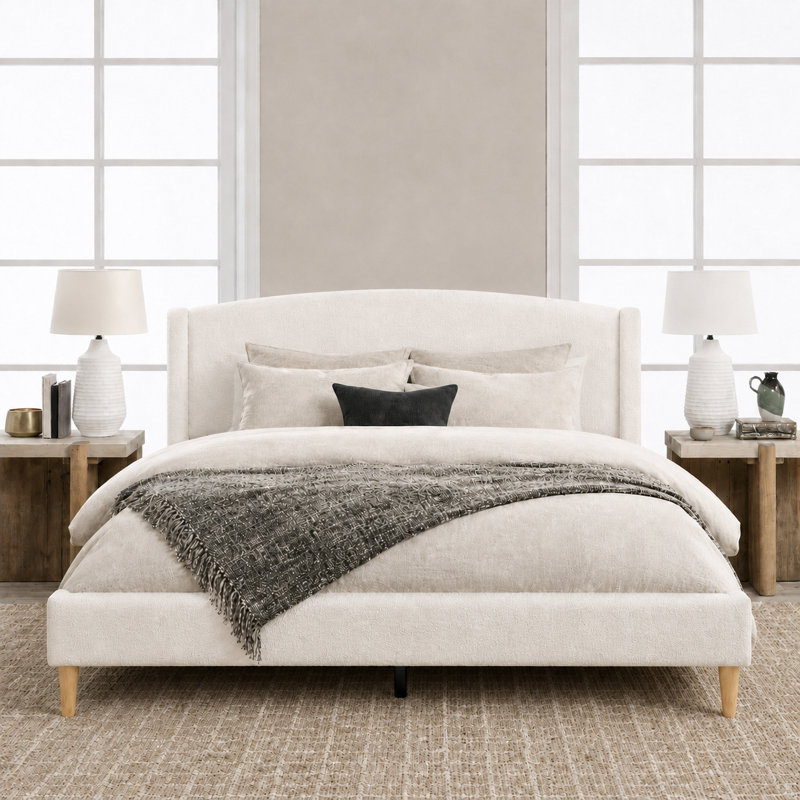  Queen Size French Retro Wingback Bed Frame, Teddy Fabric Upholstered, Sturdy Slat Support, No Box Spring Needed, Easy Assembly, Beige