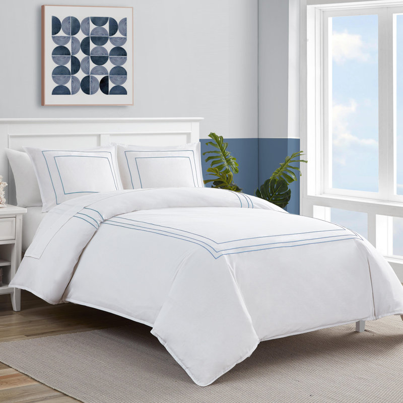 Ensemble de housse de couette blanche Nautica Alden, Housse de couette pour grand lit et 2 taies décor, Bleu clair